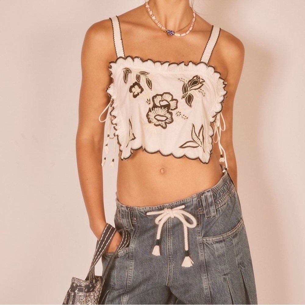 Free People Cream Embroidered Ruffle Drawstring Shorts - Picture 5 of 9